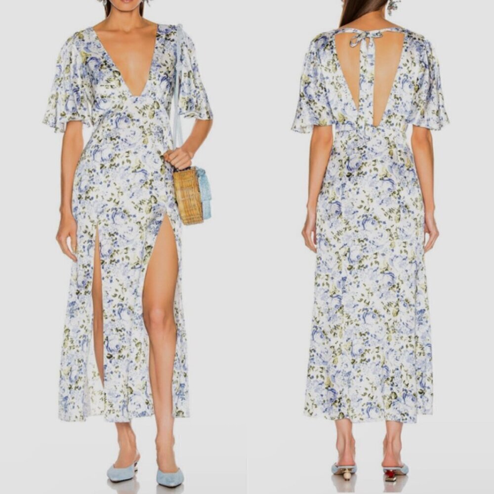 Les Reveries Silk Deep Neck Petal Sleeve Maxi Dress In Victoria Rose White US 4 